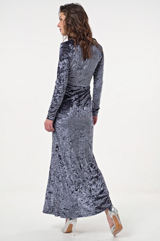 Long velvet evening dress with mesh insert smoky blue