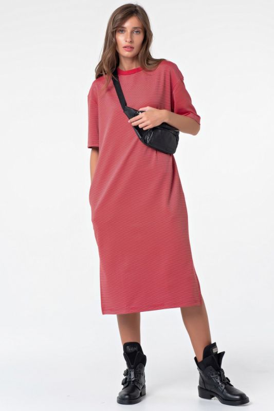 Long striped cotton T-shirt dress on red