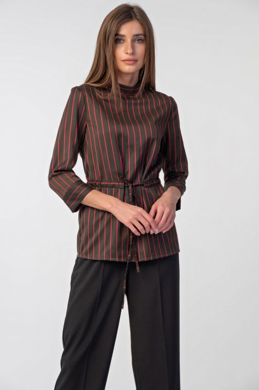 Straight blouse with stand collar with striped stripes on green