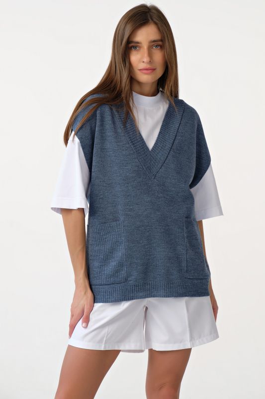 Oversize v-neck knit vest denim melange