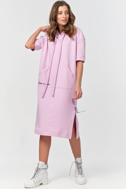 Short sleeve futher hoodie dress in pink