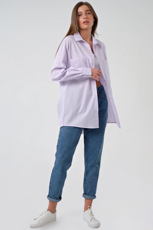 Long sleeve cotton striped oversize shirt on lilac