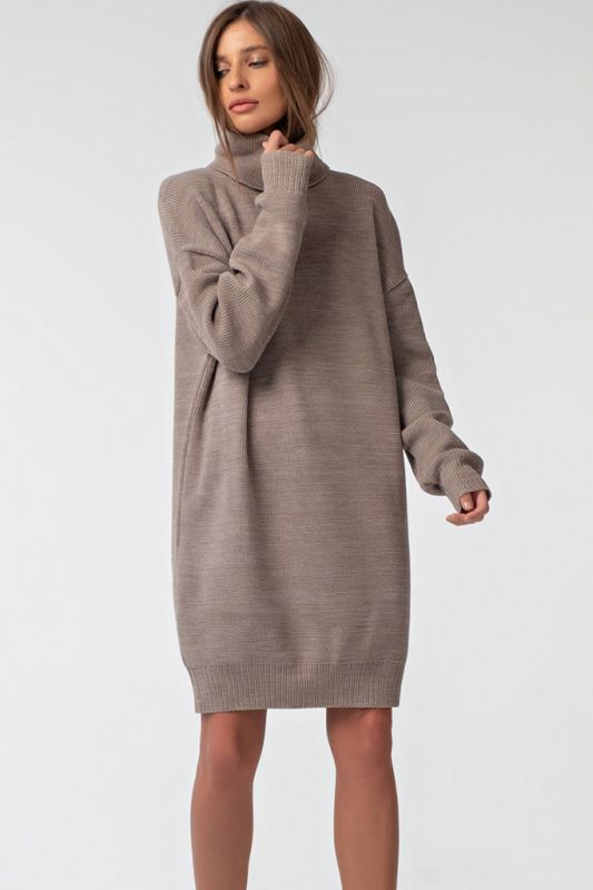 Warm knitted dress with high neck walnut