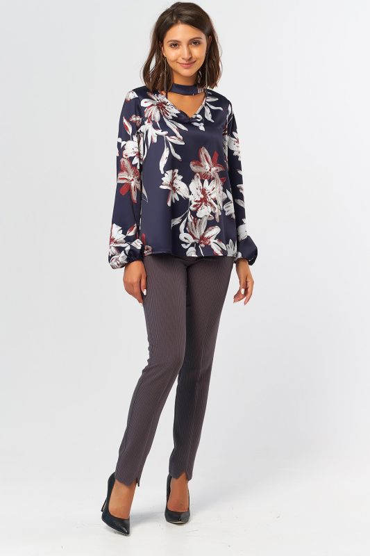 Wide Sleeve Straight Blouse with Floral Print on Blue