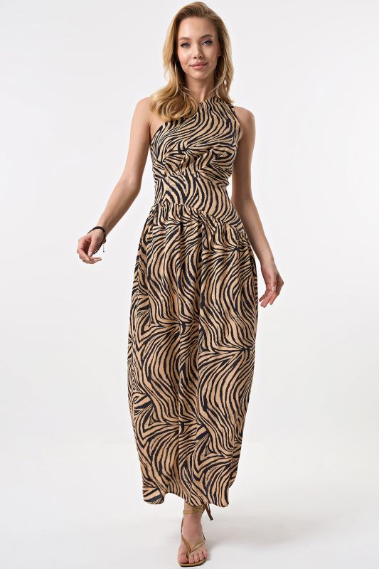 Summer maxi dress with open back made of viscose with animal tiger print