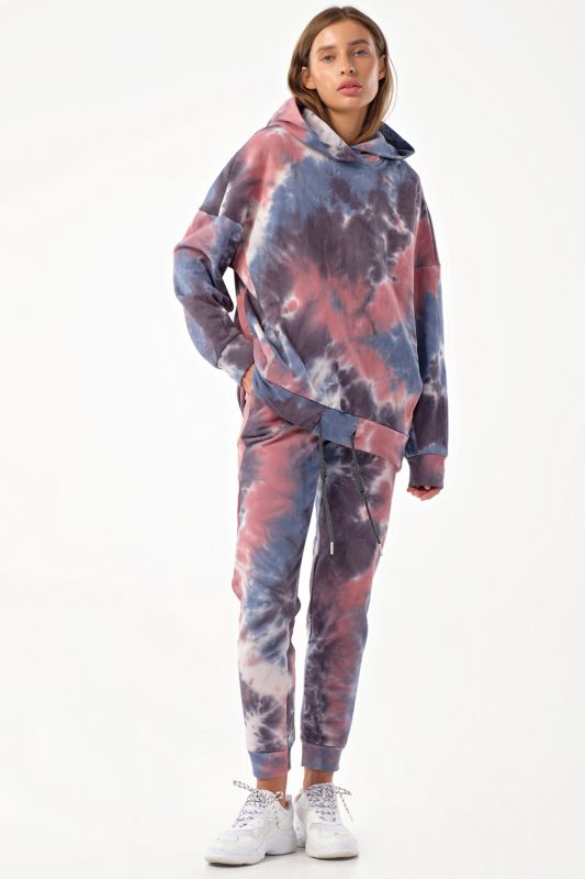 Sport suit with hooded tie-dye gray-blue