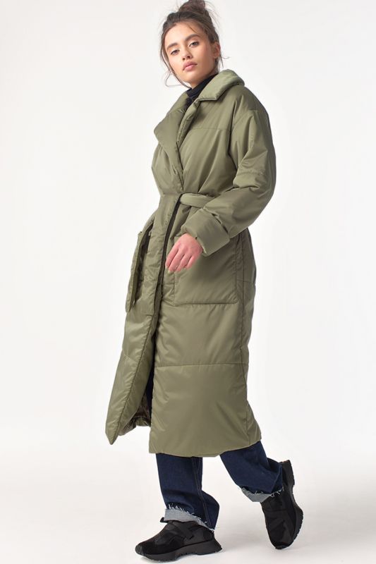 Long Quilted Olive Long Insulated Demi-Seasonal Coat