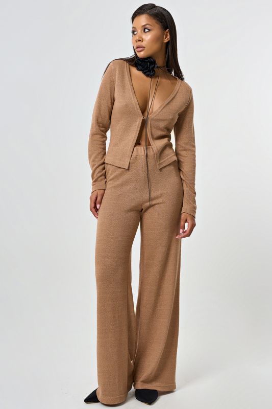 Wide pants made of openwork knitted fabric with lurex beige