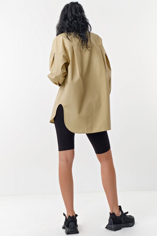 Long Sleeve Long Cotton Oversize Shirt Beige