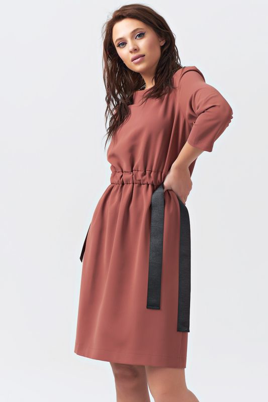 Pale terracotta straight casual dress with waist cuff in pale terracotta