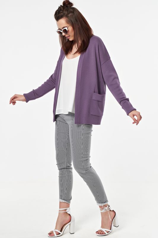 Cardigan knitted loose short with pockets purple