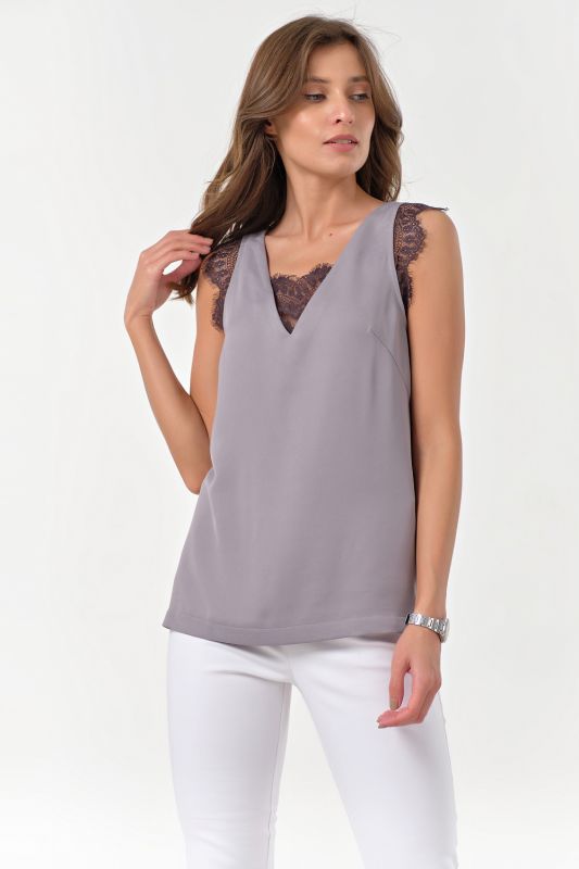 Basic straight top with lace gray