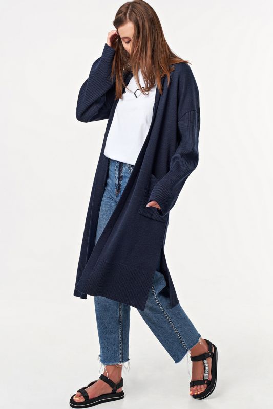 Knitted straight long cardigan with pockets blue