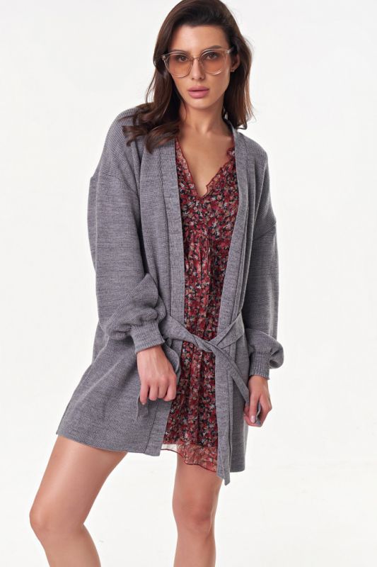 Knitted straight cardigan with belt gray melange