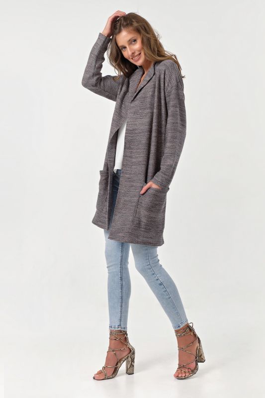 Warm knitted loose cardigan with pockets gray-beige