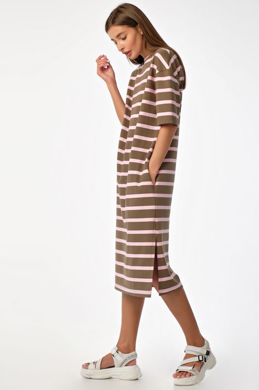 Khaki striped futer fleece straight midi dress