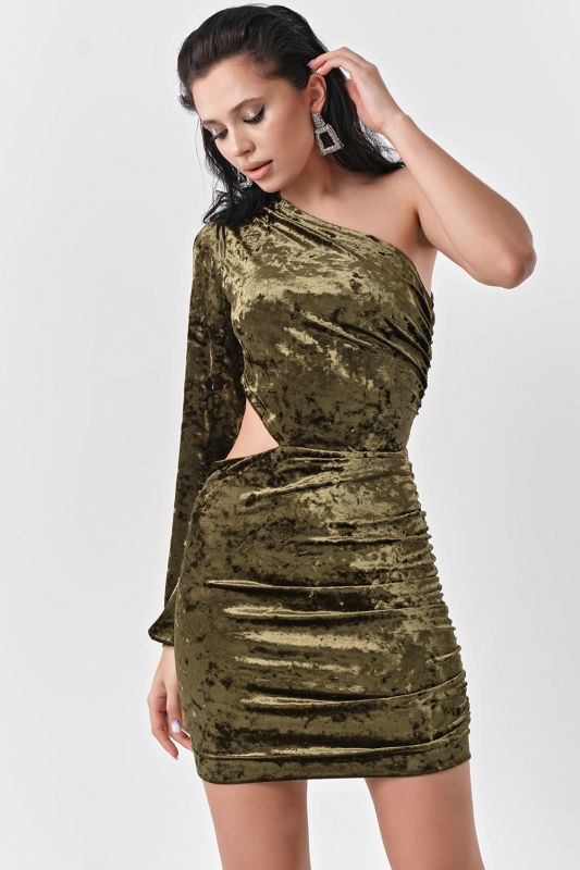 Evening dress with asymmetric neckline short dark green