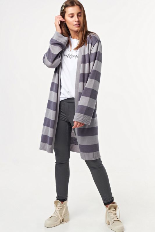 Long striped knitted cardigan in gray purple