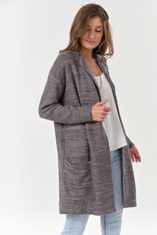 Warm knitted loose cardigan with pockets gray-beige