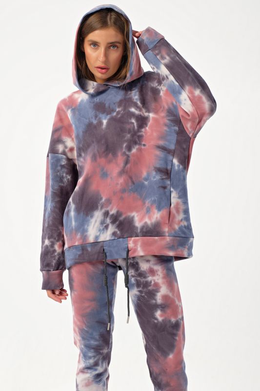 Sport suit with hooded tie-dye gray-blue