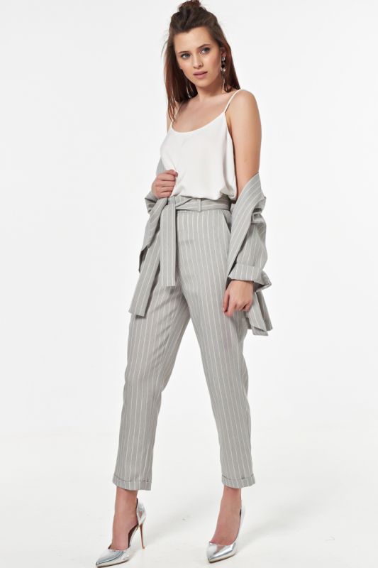 Summer pants with white striped lapels on gray