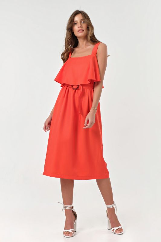 Summer midi dress with flounce on chest scarlet