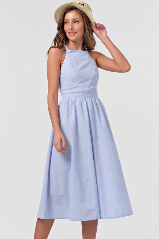 Striped cotton summer midi dress in blue