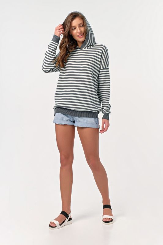 Striped hooded knitted sweater in gray-white