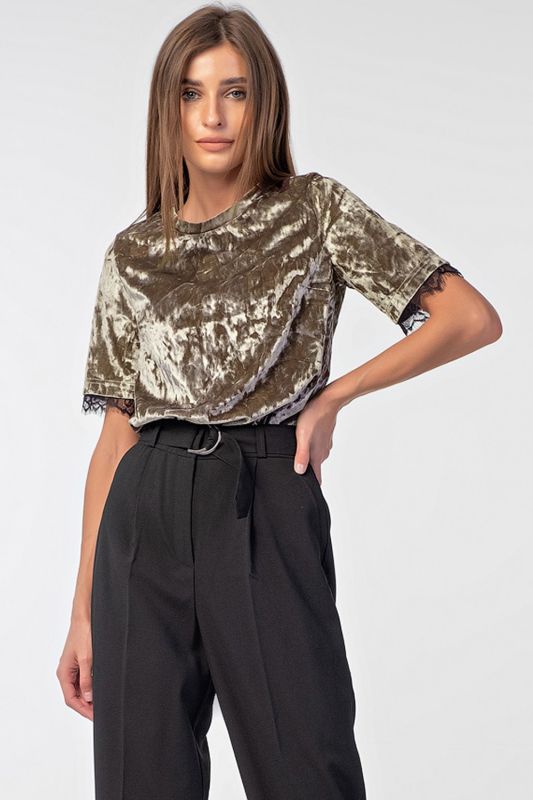 Short Sleeve Velvet Straight Blouse in gray-green