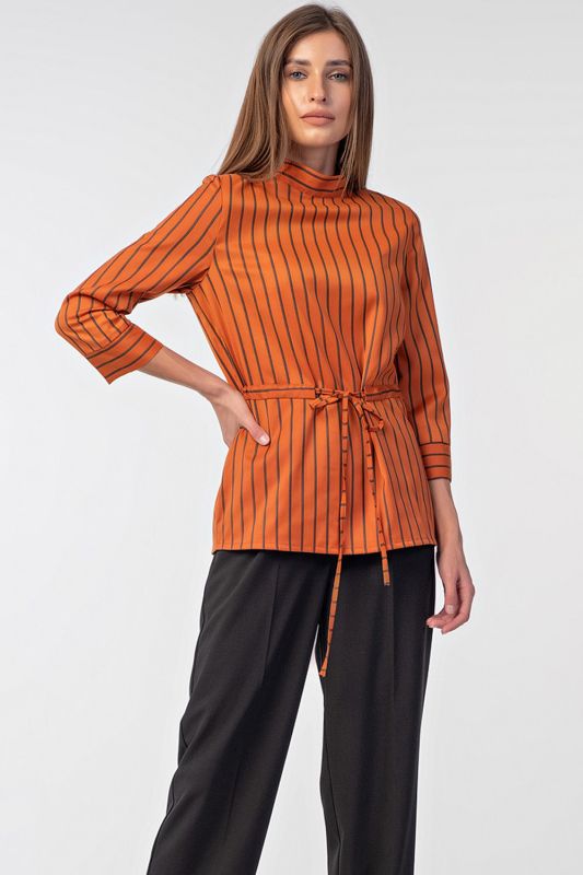 Straight blouse with stand collar with striped collar on orange