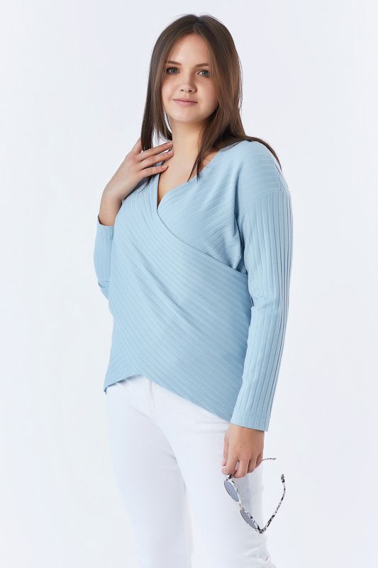 Large size knitted sweater with a flap gray-blue