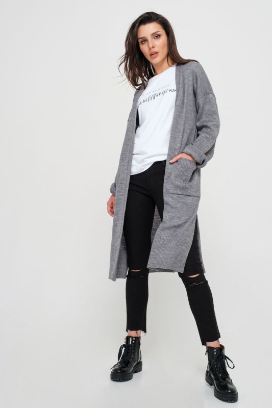 Knitted straight long cardigan with pockets gray melange