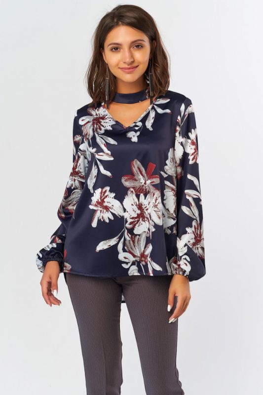 Wide Sleeve Straight Blouse with Floral Print on Blue