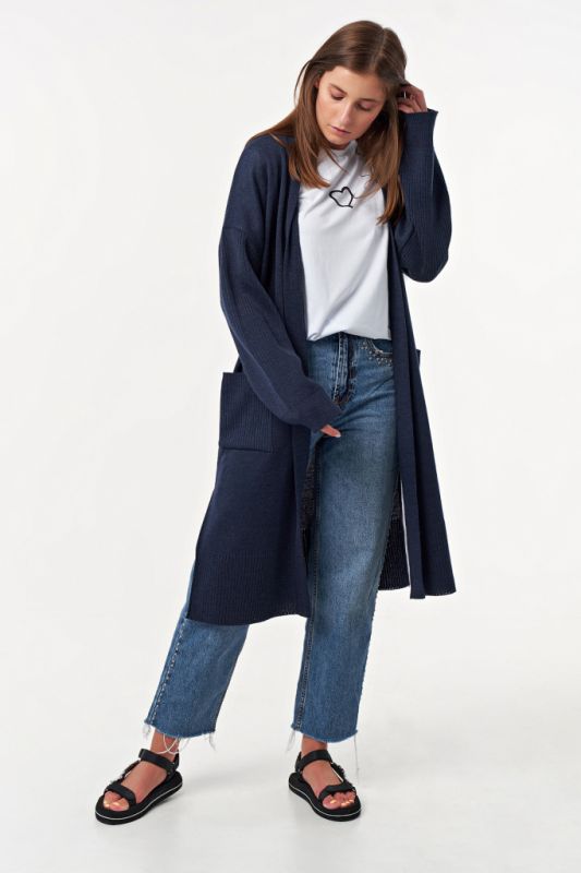 Knitted straight long cardigan with pockets blue