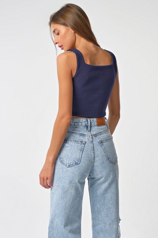 Cropped knit top with straps navy blue