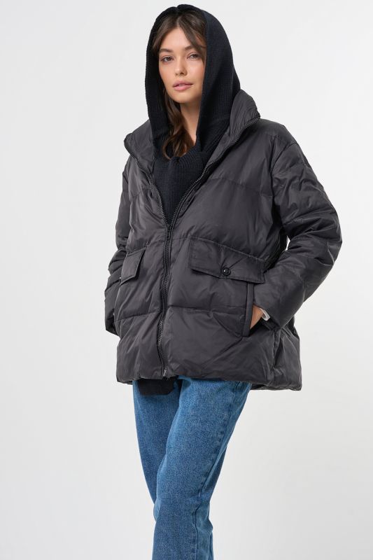 Down jacket with detachable knitted hood black