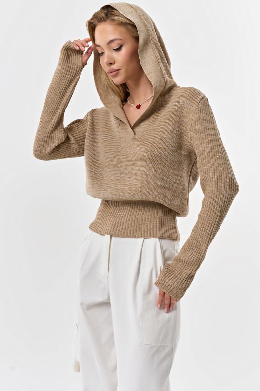 Cotton hooded sweater with melange melange beige