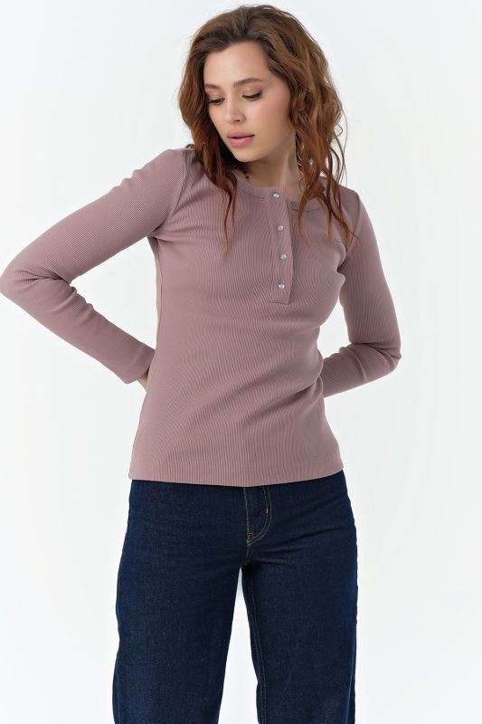 Dusty beige cotton knit longsleeve with buttons