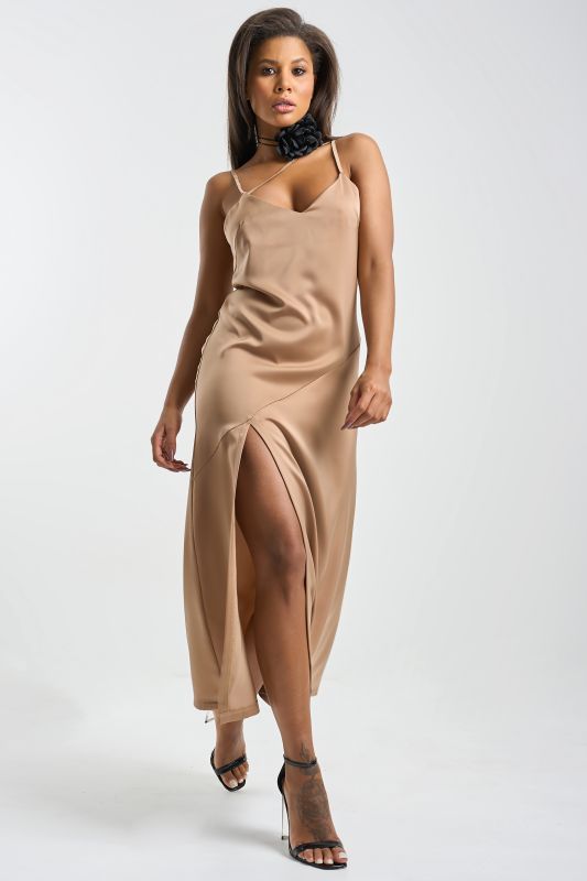 Flowing combination dress in beige fabric