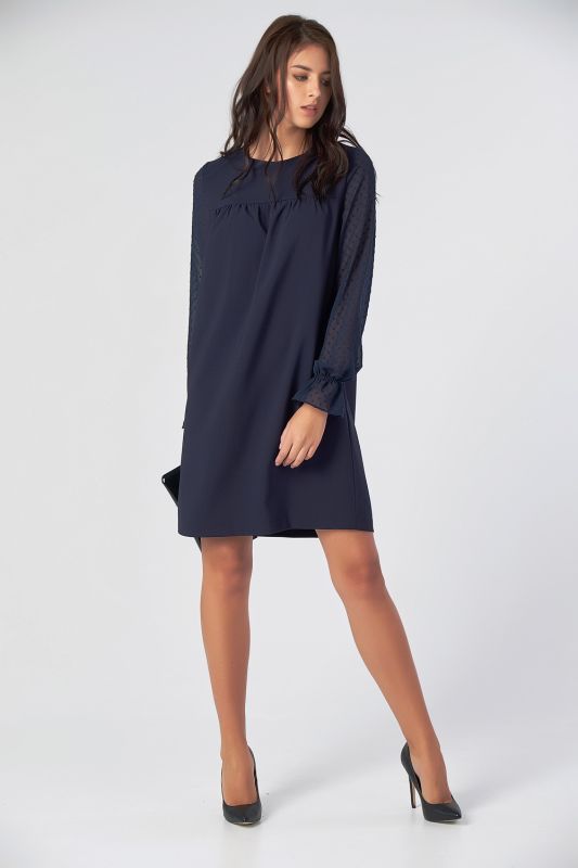 Lightweight straight dress with chiffon sleeves on dark blue