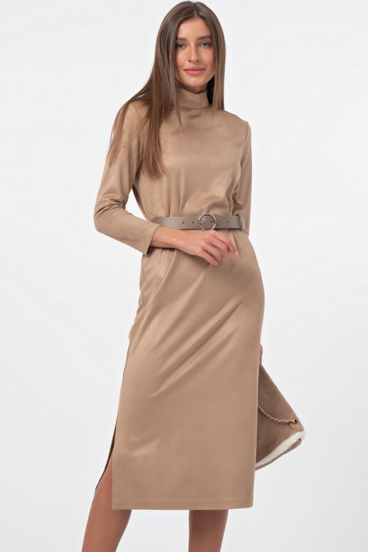 Sand suede midi dress with slits on the sides