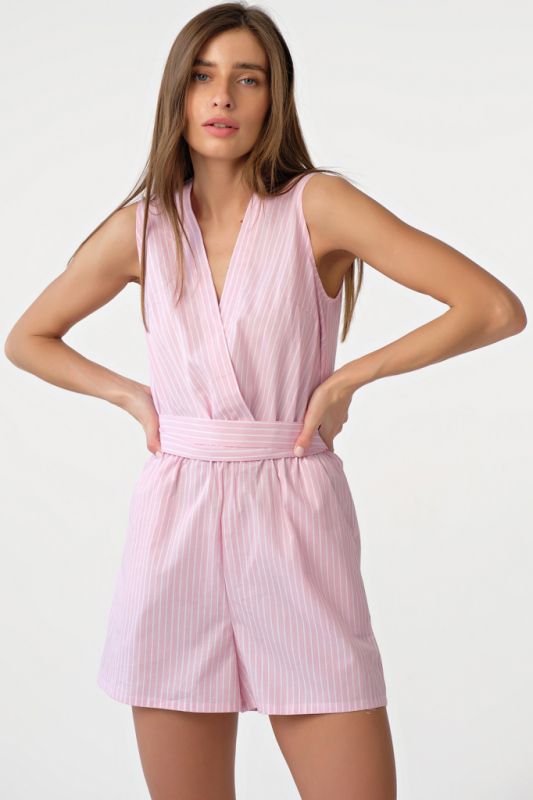 Summer cotton overalls with striped shorts on pink