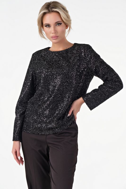 Straight silhouette blouse of knitted fabric with sequins black