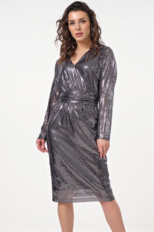 Silver-black semi-fitted dress of sequin knit fabric