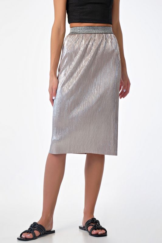 Silver shiny knitted midi skirt with elastic band