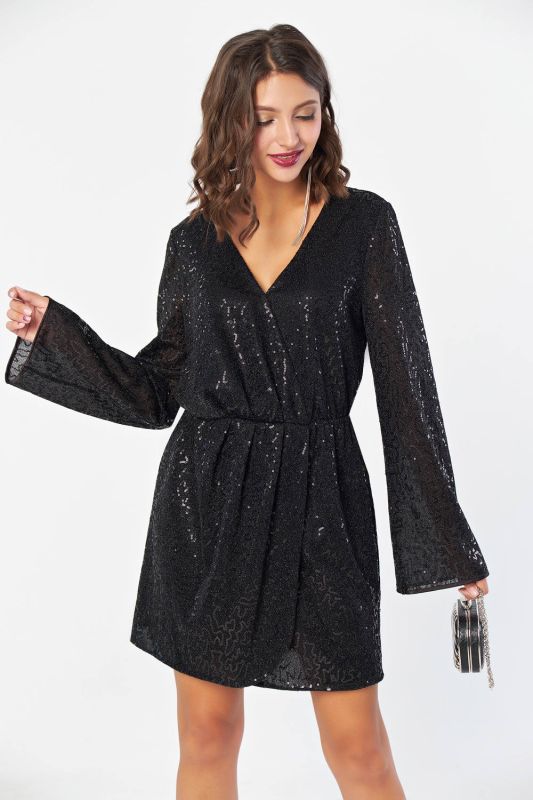 Black dress of fitted silhouette with a flap made of shiny fabric with small sequins