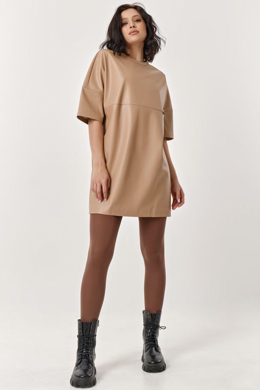 Beige eco leather T-shirt dress