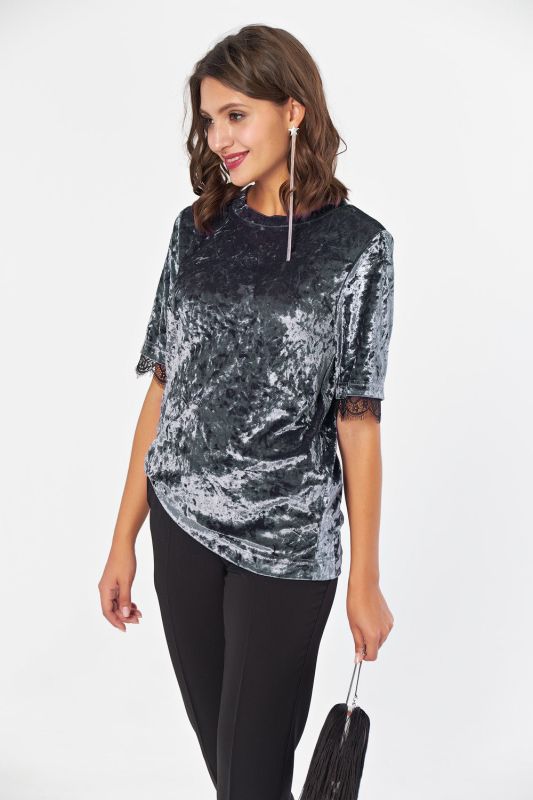 Short sleeve straight velvet blouse in gray-blue