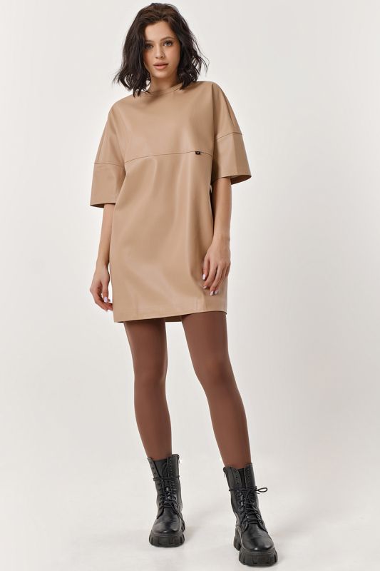 Beige eco leather T-shirt dress