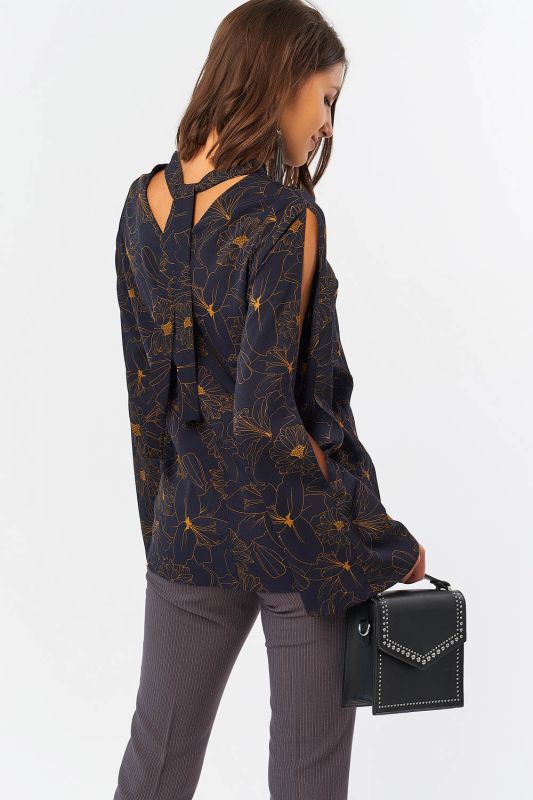 Straight blouse with wide sleeve with floral print on navy blue